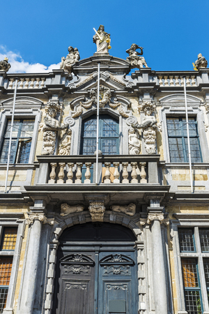 Facade of the Church of St. Donatien ( Sint-Donaaskerk ), episcopal residence and the bishop, in the Burg square in the medieval city of Bruges, Belgiumの写真素材