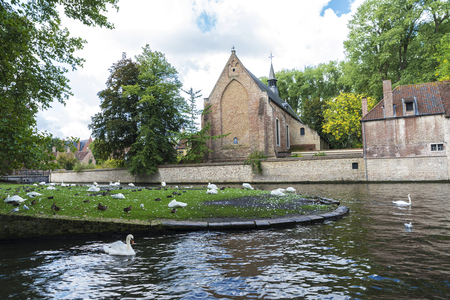 Convent of Sancta Elisabeth Sauve Garde along the river with white swans swimming in the medieval city of Bruges, Belgiumの写真素材