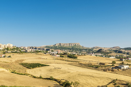 View of Corleone between fields, a town known for associating with the mafia in Sicily, Italyの写真素材