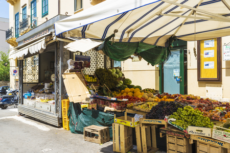 Cefalu, Italy - August 8, 2017: Fruit store on a street with in the old town of the historic village of Cefalu in Sicily, Italyのeditorial素材