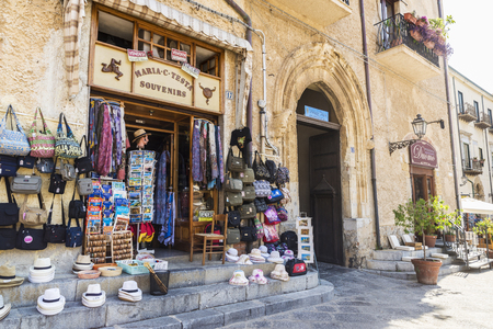 Cefalu, Italy - August 8, 2017: Souvenir shop in the old town of the historic village of Cefalu in Sicily, Italyのeditorial素材