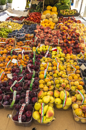 Cefalu, Italy - August 8, 2017: Fruit store on a street with in the old town of the historic village of Cefalu in Sicily, Italyのeditorial素材