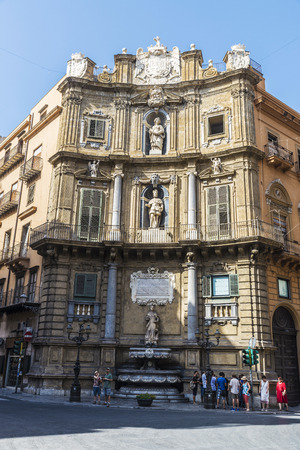 Palermo, Italy - August 10, 2017: Quattro Canti, known as Piazza Vigliena, is a Baroque square in the old town of Palermo with people walking in Sicily, Italyのeditorial素材