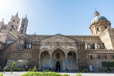 Palermo, Italy - August 10, 2017: Facade of the cathedral of Palermo with people walking in the old town of Palermo in Sicily, Italyのeditorial素材