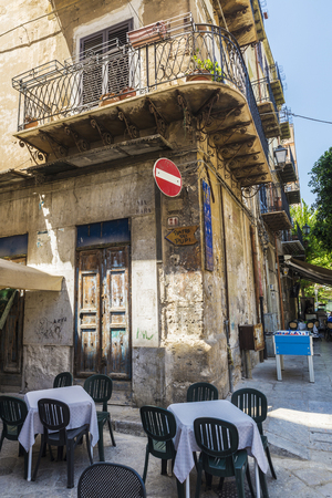 Palermo, Italy - August 10, 2017: Terrace of a restaurant bar in the old town of Palermo in Sicily, Italyのeditorial素材