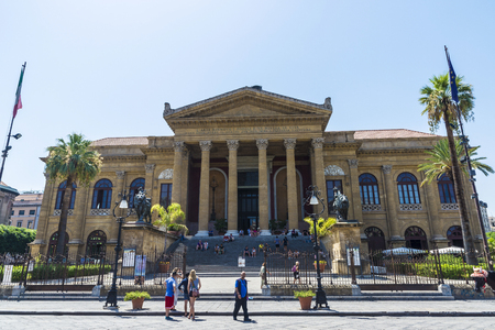Palermo, Italy - August 10, 2017: Facade of the Teatro Massimo Vittorio Emanuele with people around in the center of Palermo in Sicily, Italyのeditorial素材