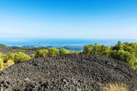 View of Sicily from the Mount Etna, an active volcano located in Sicily, Italyの写真素材
