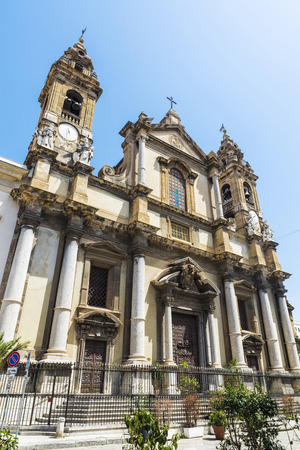 Facade of an old church in the old town of Palermo in Sicily, Italyの写真素材