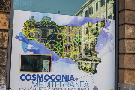 Palermo, Italy - August 10, 2017: Map of Sicily made of colorful decorative lights in a shop window in the old town of Palermo in Sicily, Italyのeditorial素材