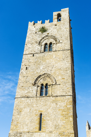 Bell tower of the main church in the old town of the historic village of Erice in Sicily, Italyの写真素材