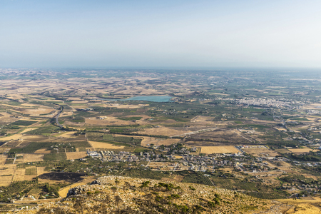 View of the Sicilian coast from the historic village of Erice in Sicily, Italyの写真素材