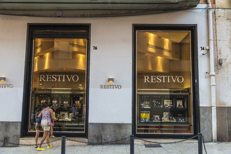 Siracusa, Italy - August 17, 2017: Restivo jewelry in the old town of the historic city of Siracusa in Sicily, Italyのeditorial素材