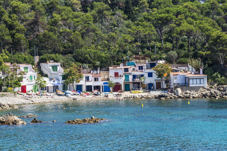 View of Alguer beach with people bathing in Costa Brava, Girona, Catalonia, Spainの写真素材
