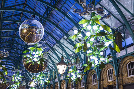 London, United Kingdom - January 1, 2018: Covent Garden, shopping center with stores and restaurants, with Christmas decoration in London, England, United Kingdomのeditorial素材