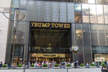 New York City, USA - July 28, 2018: Entrance to Trump Tower in Fifth Avenue (5th Avenue) with people around in Manhattan in New York City, USAのeditorial素材