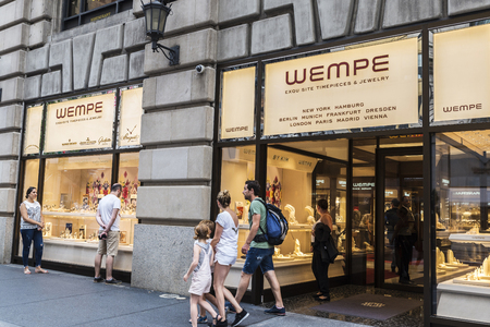 New York City, USA - July 28, 2018: Display of a luxury Wempe jewelry in Fifth Avenue (5th Avenue) with people around in Manhattan in New York City, USAのeditorial素材