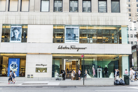 New York City, USA - July 28, 2018: Salvatore Ferragamo, luxury clothing store, in Fifth Avenue (5th...