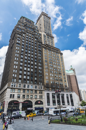 New York City, USA - July 26, 2018: Facade of classic skyscrapers with traffic and people around in Brooklyn, Manhattan, New York City, USAのeditorial素材
