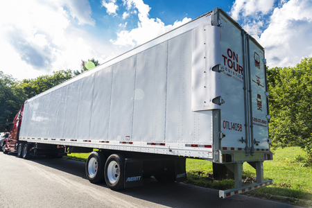 New York City, USA - July 26, 2018: Heavy red and white truck equipped with refrigeration goods parked in a Central Park, Manhattan, New York City, USAのeditorial素材
