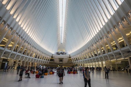 New York City, USA - July 27, 2018: Interior of the World Trade Center station (PATH), a new transit hub in lower Manhattan called the Oculus, designed by Santiago Calatrava, with people around in New York City, USAのeditorial素材