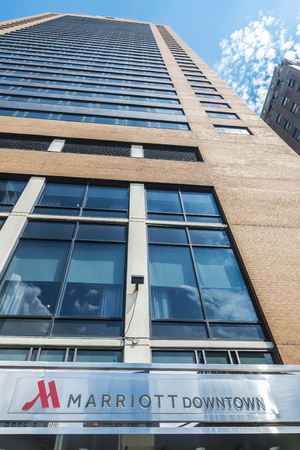 New York City, USA - July 27, 2018: Facade of the New York Marriott Downtown Hotel, located in the financial district of Lower Manhattan in New York City, USAのeditorial素材