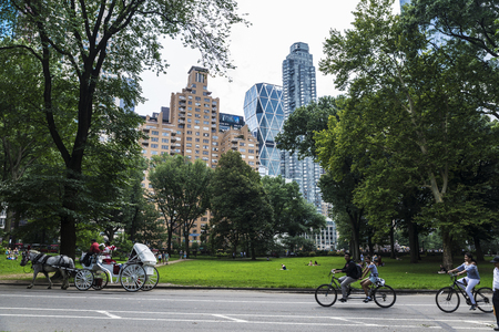 New York City, USA - July 28, 2018: Cyclists and horse carriage on summer with skyscrapers in the background in Central Park, Manhattan, New York City, USAのeditorial素材