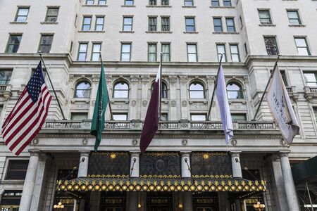 New York City, USA - July 28, 2018: Entrance of the Plaza Hotel, a luxury hotel and condominium...