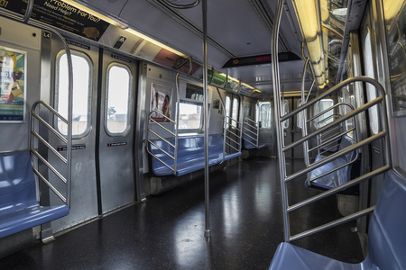 New York City, USA - July 30, 2018: Interior of a empty train car in New York City Subway, New York City, USAのeditorial素材