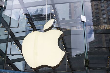 New York City, USA - August 3, 2018: Closeup of the logo of a Apple store in Manhattan, New York City, USAのeditorial素材