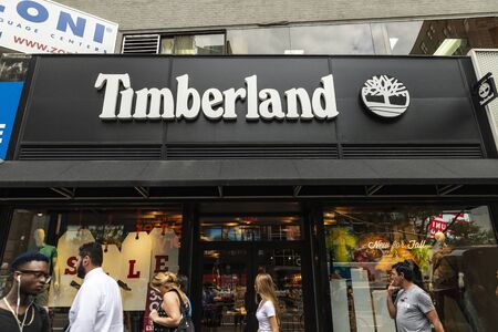 New York City, USA - July 31, 2018: Timberland shop, specialized store in boots, shoes, clothing &...
