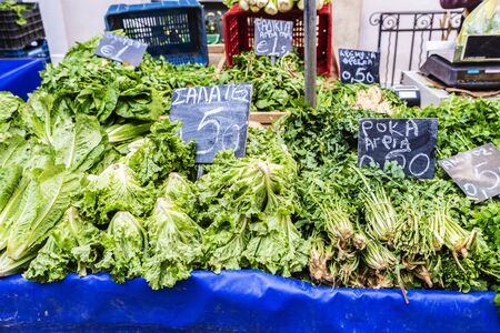 Romaine or cos lettuce stand in a farmer market on a street in Athens, Greeceの写真素材