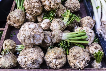 Celery (Apium graveolens) stand in a farmer market on a street as background in Athens, Greece