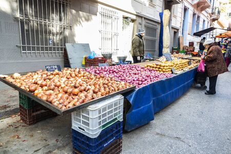 Athens, Greece - January 4, 2019: Farmer Market on a street with people choosing fruit and vegetables in Athens, Greeceのeditorial素材