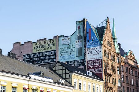 Malmo, Sweden - August 28, 2019: Building with vintage advertising in Stortorget, a large plaza in the center of Malmo, Swedenのeditorial素材
