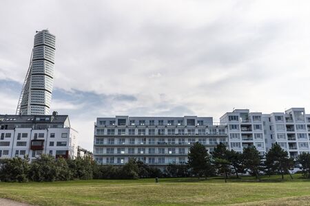 MalmÃ¶, Sweden - August 30, 2019: Turning Torso, futurist skyscraper designed by Santiago...