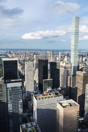 Elevated view of the skyline of modern skyscrapers of Manhattan with the skinny tower from Top of...