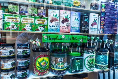 Amsterdam, Netherlands - September 7, 2018: Display of a Hash Marihuana and Cannabis shop in Amsterdam, Netherlandsのeditorial素材