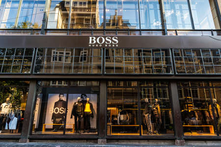 Amsterdam, Netherlands - September 9, 2018: Facade of a Hugo Boss clothing store in the center of Amsterdam, Netherlandsのeditorial素材