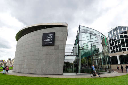 Amsterdam, Netherlands - September 9, 2018: Facade of the Van Gogh Museum with people around in the Museumplein (Museum Square) in Amsterdam, Netherlandsのeditorial素材
