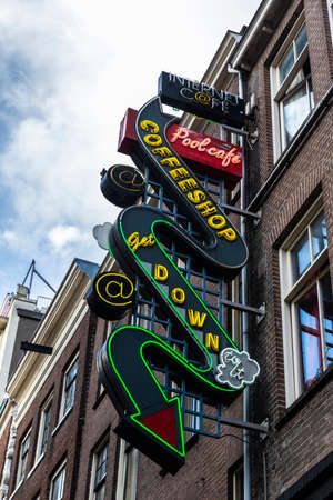 Amsterdam, Netherlands - September 9, 2018: Neon sign of the Internet Cafe and the cannabis coffeeshop in the old town of Amsterdam, Netherlandsのeditorial素材