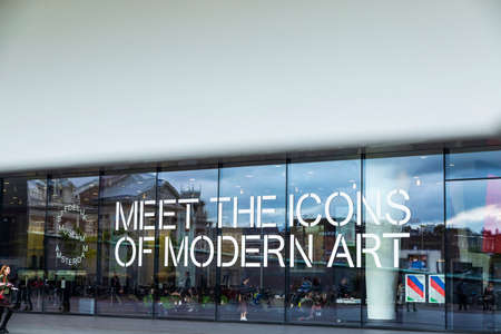 Amsterdam, Netherlands - September 9, 2018: Facade of the Van Gogh Museum with people around in the Museumplein (Museum Square) in Amsterdam, Netherlandsのeditorial素材