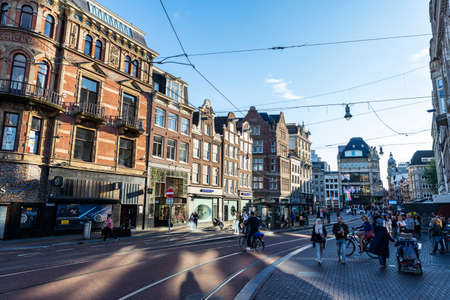 Amsterdam, Netherlands - September 9, 2018: Shopping street with people around in the old town of Amsterdam, Netherlandsのeditorial素材