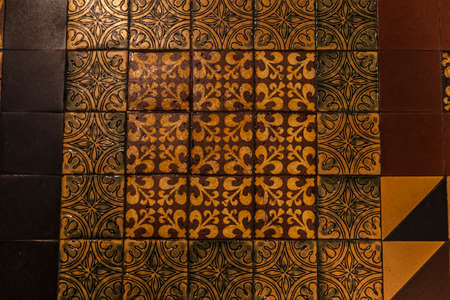 Tiled floor decorated with symmetrical geometric shapes and the fleur-de-lis in the interior of the...