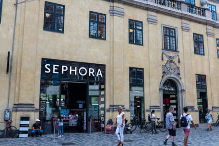 Copenhagen, Denmark - August 27, 2019: Sephora, luxury perfumery store, with people around in KÃ¸bmagergade street, Copenhagen, Denmarkのeditorial素材