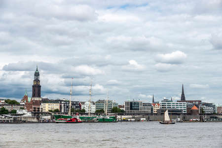 Hamburg, Germany - August 16, 2019: Port of on the Elbe river with cruise ships and sailboats in St. Pauli, Hamburg, Germanyのeditorial素材