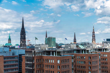 Hamburg, Germany - August 21, 2019: Overview of the city of Hamburg with many bell towers in Germanyのeditorial素材