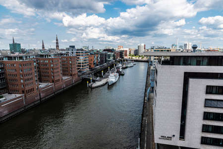 Hamburg, Germany - August 21, 2019: Overview of the HafenCity, a quarter of the city of Hamburg,...