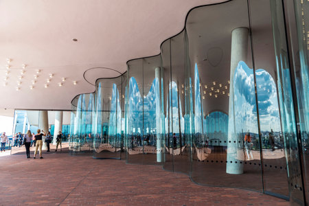 Hamburg, Germany - August 21, 2019: Balcony of the Elbphilharmonie, Elbe Philharmonic Hall, with...