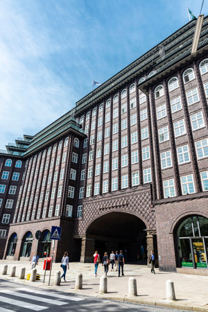 Hamburg, Germany - August 23, 2019: Facade of the Chilehaus (Chile House), an old office building with people around in Hamburg, Germanyのeditorial素材