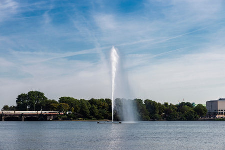 Panoramic view of Lake Binnenalster in Jungfernstieg, an urban promenade in Neustadt, Hamburg,...